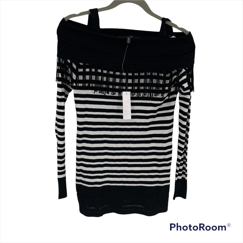 White House Black Market women’s size XS black white stripe fringe sweater